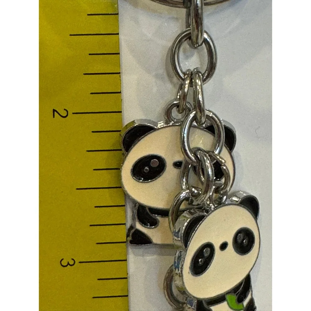 Kawaii Triple Panda Bear Enamel Charm Keychain Silver Tone Animal Key Ring